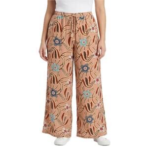 Christian Siriano Pink Beige Blue Floral High Rise Crinkle Wide Leg Pants size L